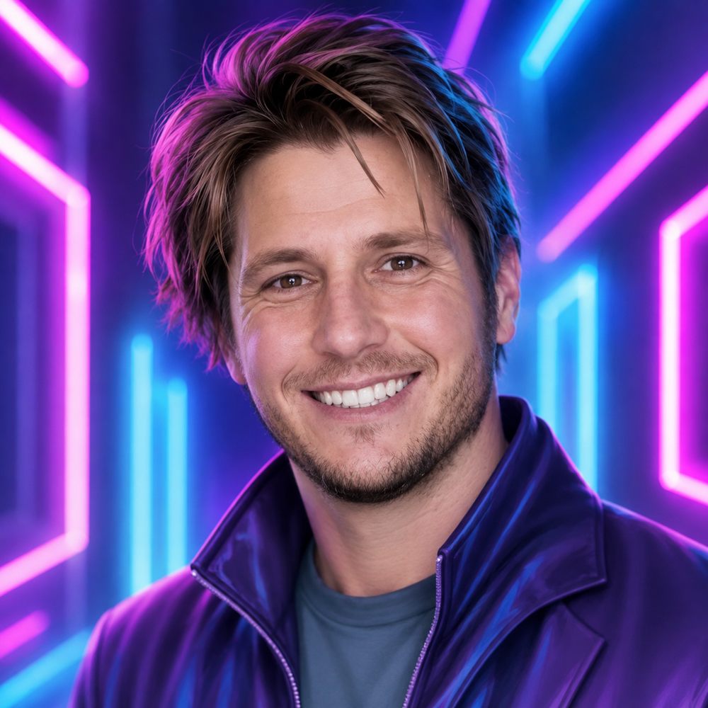 The same face, unchanged, now in a purple jacket inside a neon corridor.
