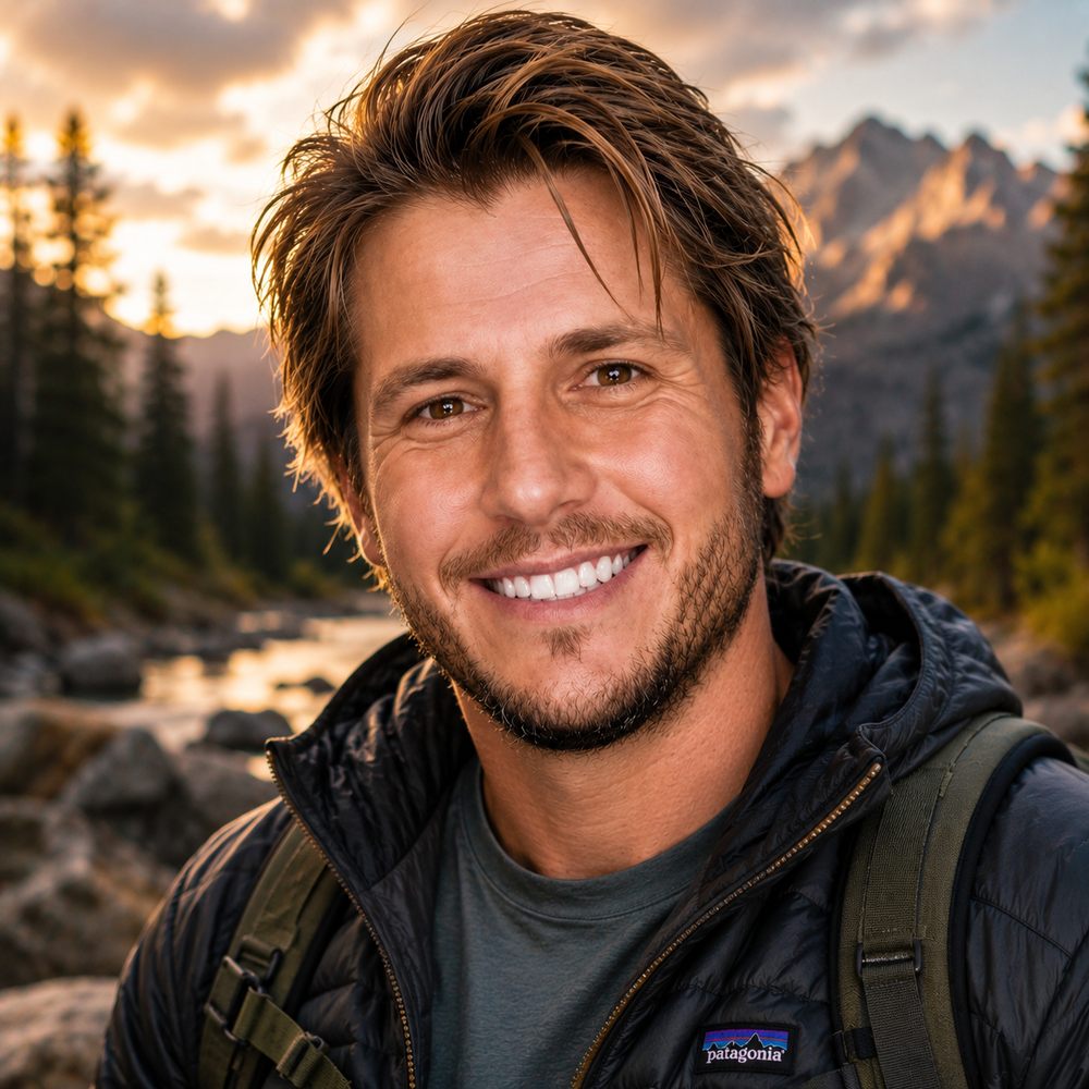 The same face again, in mountain air at golden hour, pines and peaks behind.