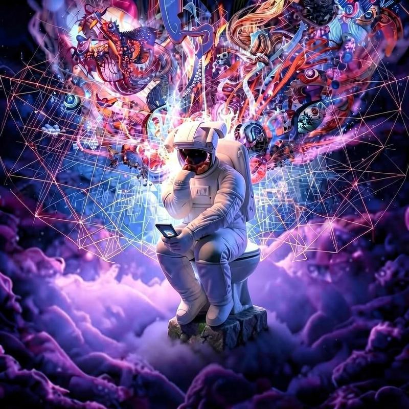 An astronaut sits on a toilet on a rocky outcrop in a violet nebula, chin in hand, scrolling a phone, while an enormous tangle of colour and creatures erupts overhead.